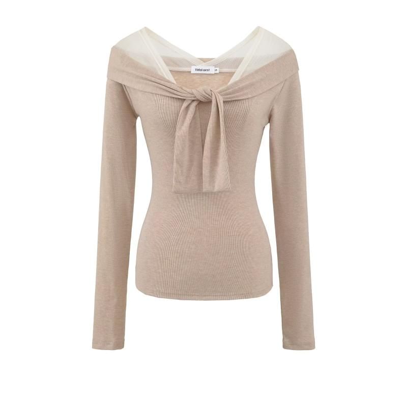 Mesh Panel Plain Top with Long Sleeves