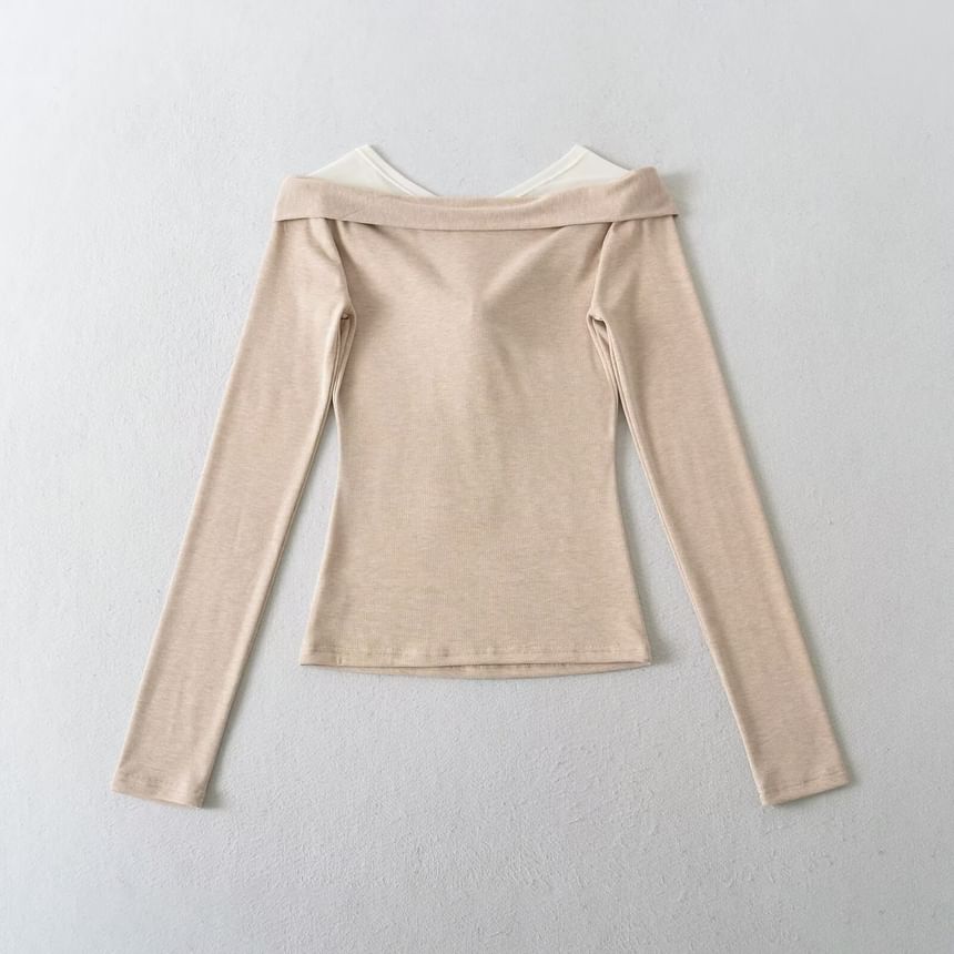 Mesh Panel Plain Top with Long Sleeves
