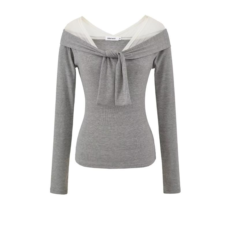 Mesh Panel Plain Top with Long Sleeves