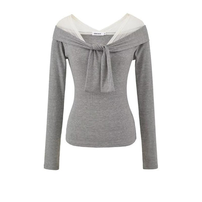 Mesh Panel Plain Top with Long Sleeves