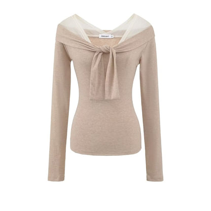 Mesh Panel Plain Top with Long Sleeves