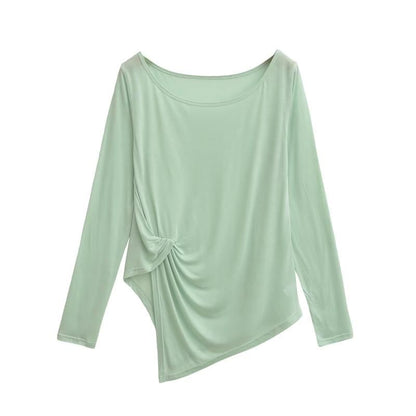 Asymmetrical Plain Top with Boatneck and Long Sleeves