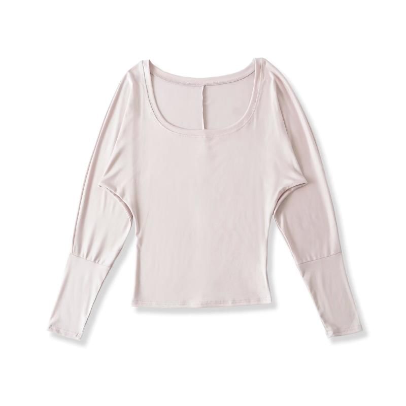 Plain Crop Top with U-Neck and Long Sleeves