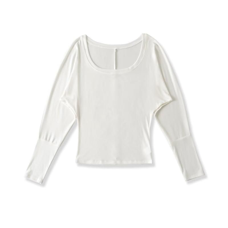 Plain Crop Top with U-Neck and Long Sleeves