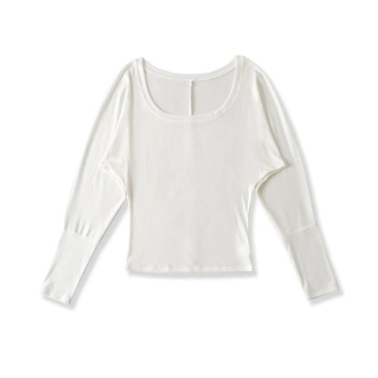 Plain Crop Top with U-Neck and Long Sleeves