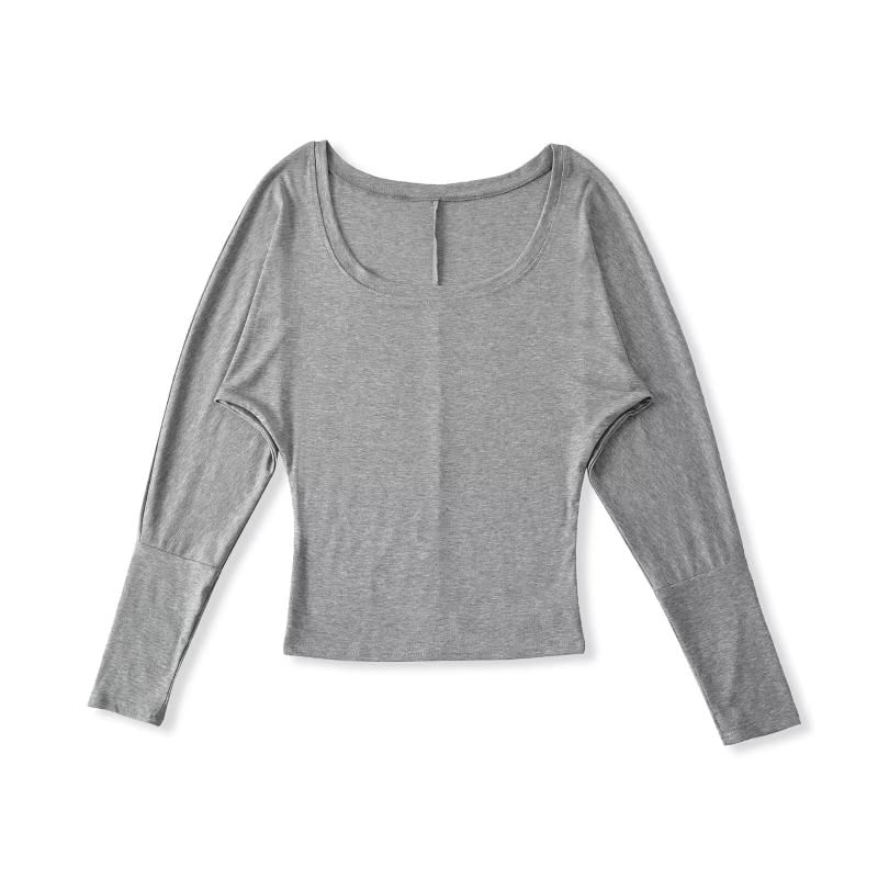 Plain Crop Top with U-Neck and Long Sleeves