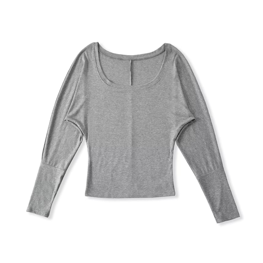 Plain Crop Top with U-Neck and Long Sleeves