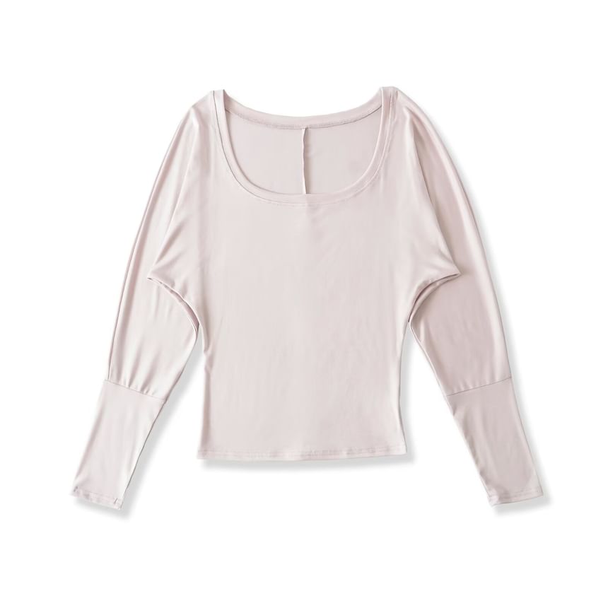 Plain Crop Top with U-Neck and Long Sleeves