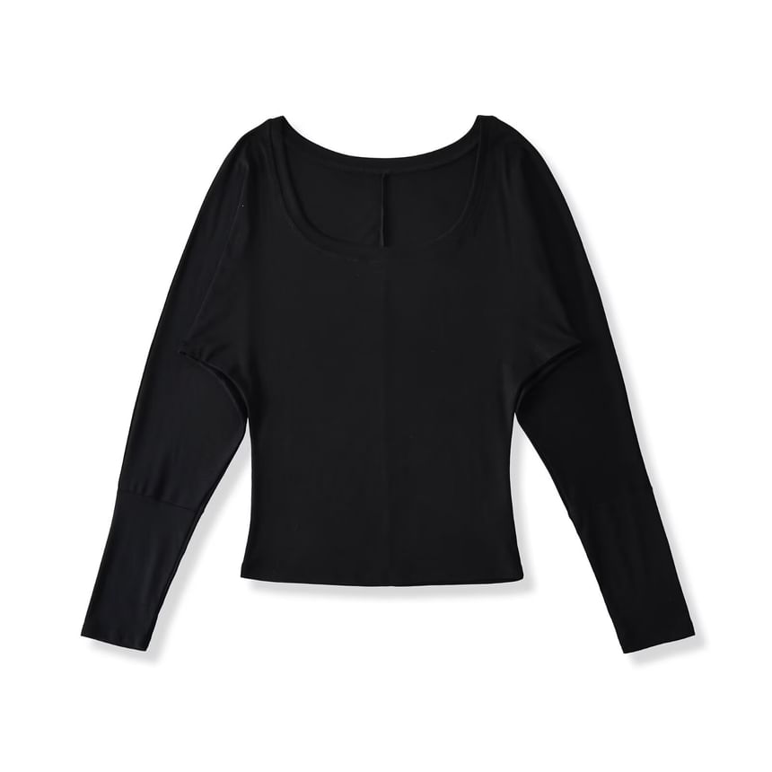 Plain Crop Top with U-Neck and Long Sleeves