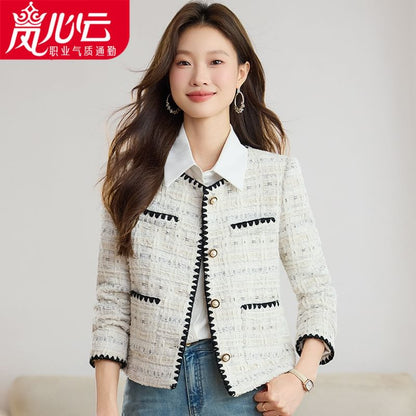 Round Neck Tweed Faux Pearl Button Jacket