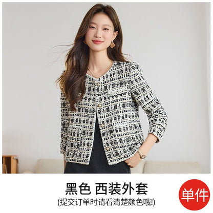 Round Neck Tweed Faux Pearl Button Jacket