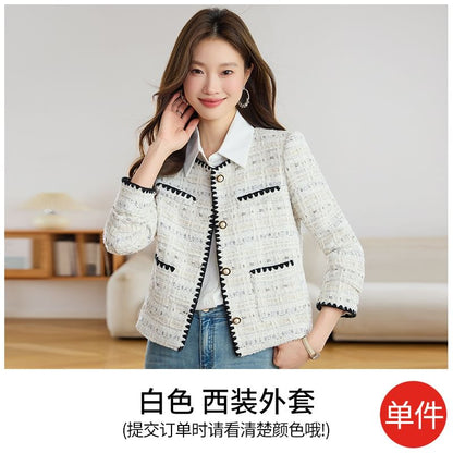 Round Neck Tweed Faux Pearl Button Jacket