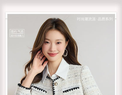 Round Neck Tweed Faux Pearl Button Jacket