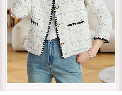 Round Neck Tweed Faux Pearl Button Jacket