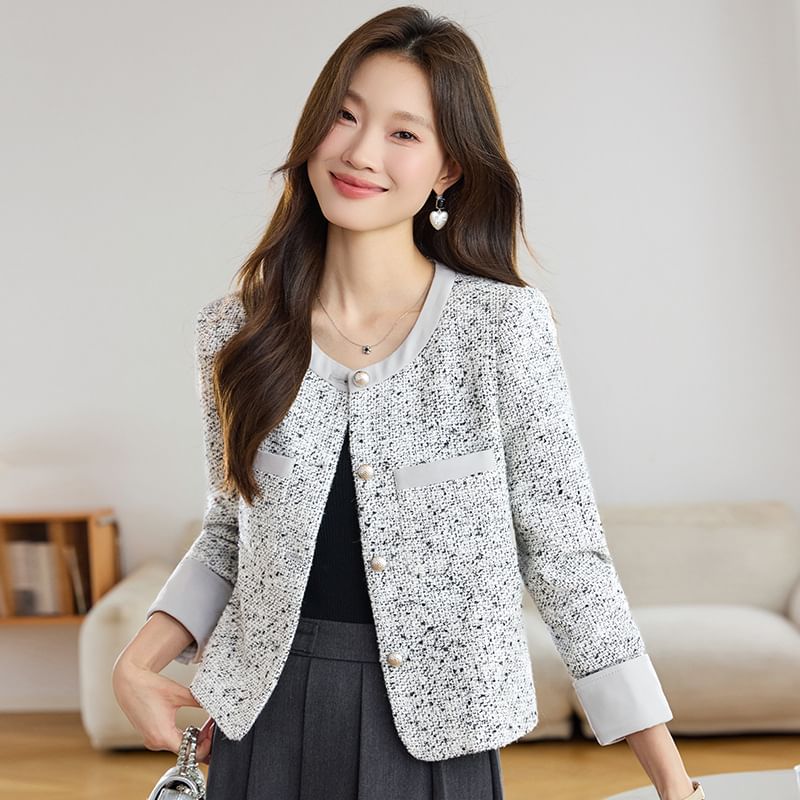 Round Neck Panel Tweed Button Jacket