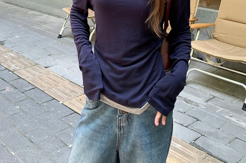 Mock Two-Piece Tee with Off-Shoulder and Long Sleeves