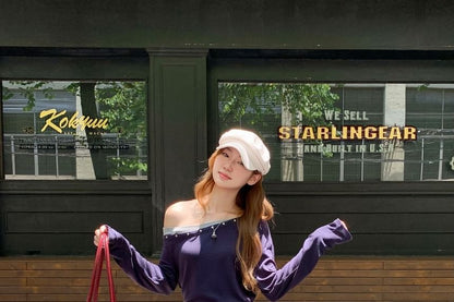 Mock Two-Piece Tee with Off-Shoulder and Long Sleeves