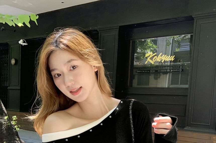 Mock Two-Piece Tee with Off-Shoulder and Long Sleeves