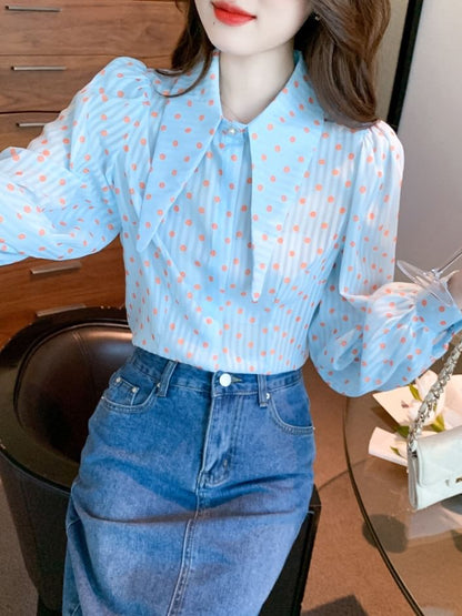 Dotted Button-Up Shirt with Collar and Long Sleeves