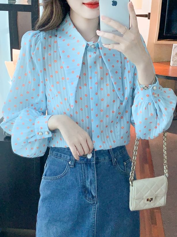 Dotted Button-Up Shirt with Collar and Long Sleeves