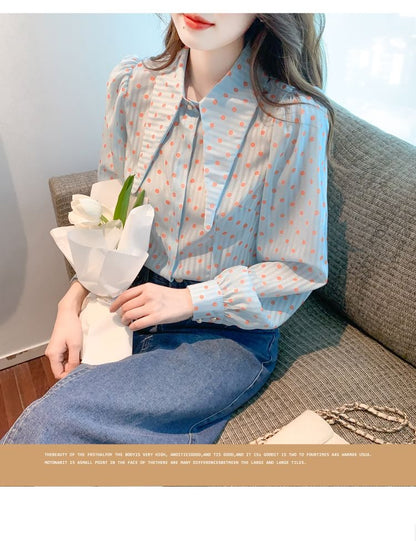Dotted Button-Up Shirt with Collar and Long Sleeves