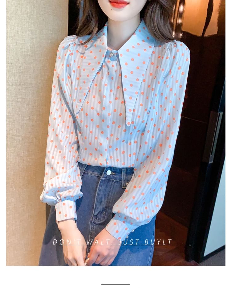 Dotted Button-Up Shirt with Collar and Long Sleeves