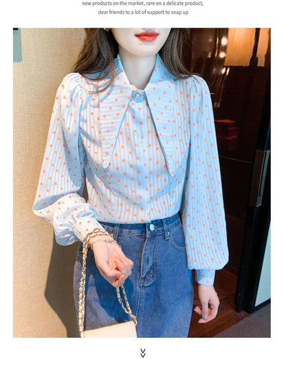 Dotted Button-Up Shirt with Collar and Long Sleeves