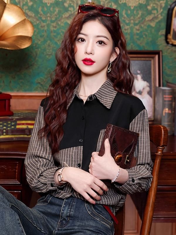 Striped Button-Up Shirt with Collar and Long Sleeves
