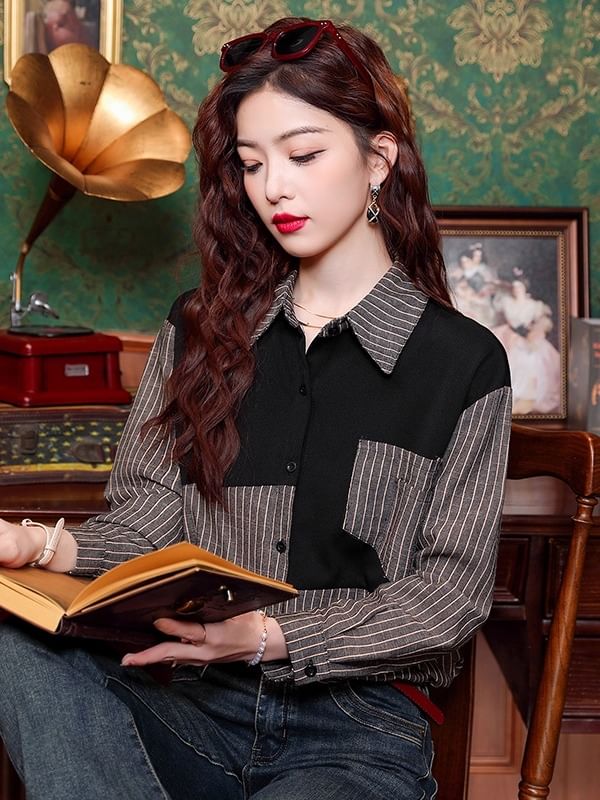Striped Button-Up Shirt with Collar and Long Sleeves