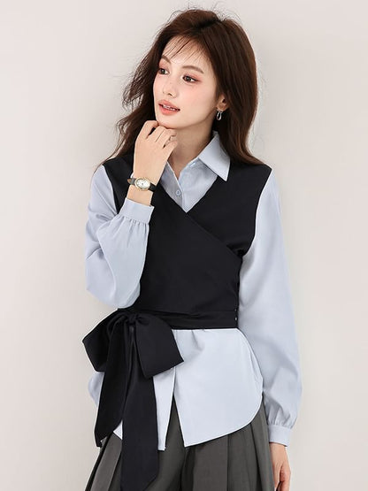 Mock Two-Piece Shirt with Collar and Long Sleeves