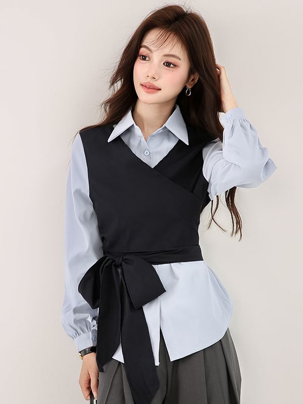 Mock Two-Piece Shirt with Collar and Long Sleeves