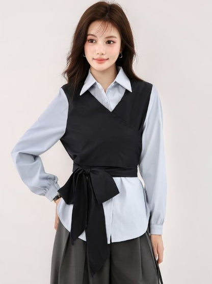 Mock Two-Piece Shirt with Collar and Long Sleeves