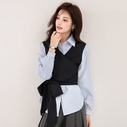 Mock Two-Piece Shirt with Collar and Long Sleeves