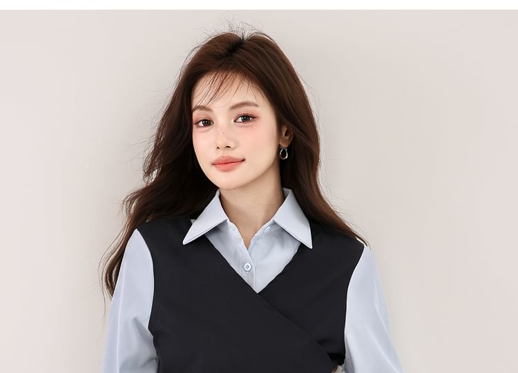 Mock Two-Piece Shirt with Collar and Long Sleeves