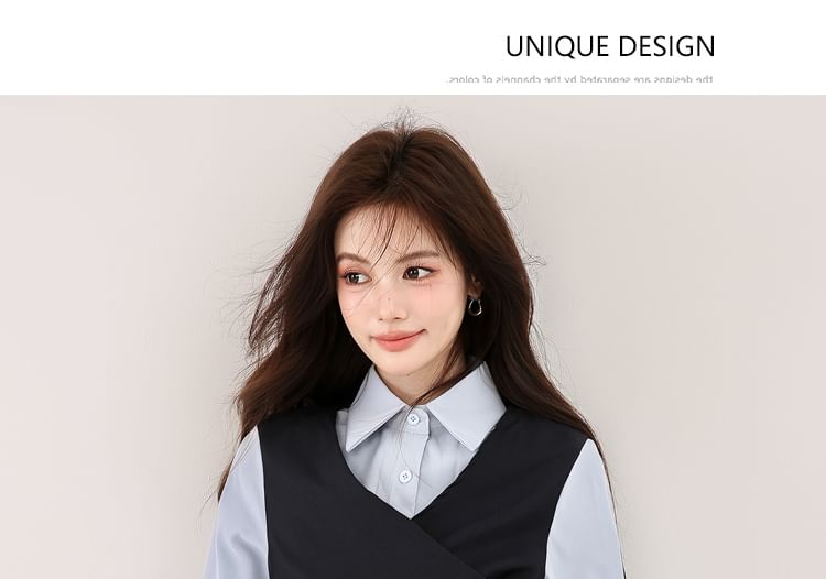 Mock Two-Piece Shirt with Collar and Long Sleeves