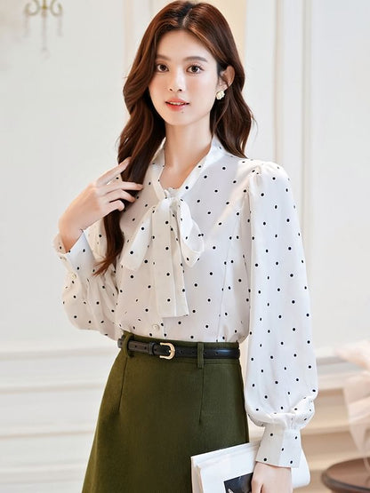 Dotted Blouse with Long Sleeves and Tie Neckline