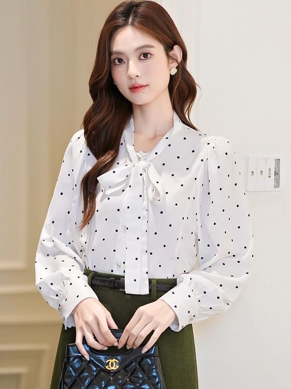 Dotted Blouse with Long Sleeves and Tie Neckline