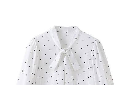 Dotted Blouse with Long Sleeves and Tie Neckline