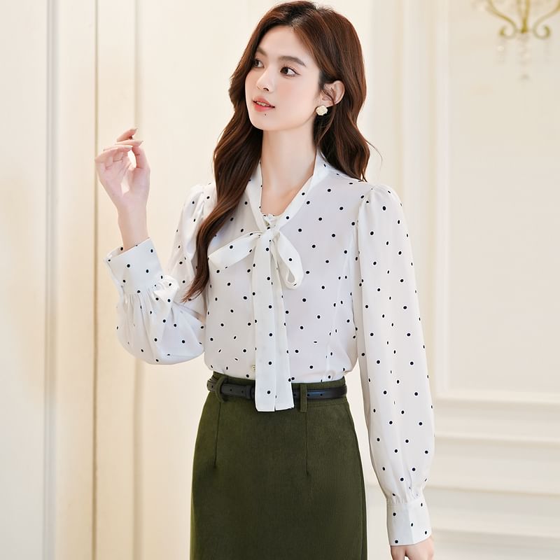 Dotted Blouse with Long Sleeves and Tie Neckline