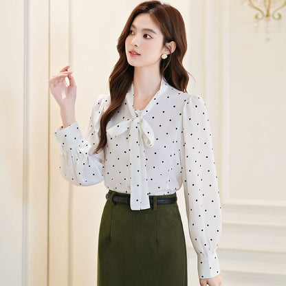 Dotted Blouse with Long Sleeves and Tie Neckline