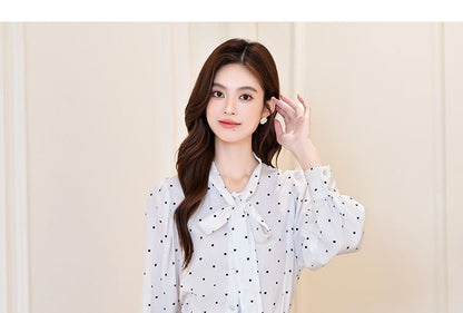 Dotted Blouse with Long Sleeves and Tie Neckline