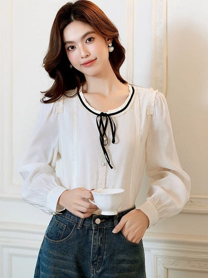 Button-Front Blouse with Contrast Trim and Round Neckline