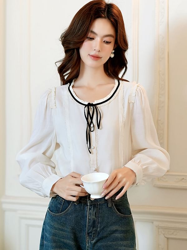 Button-Front Blouse with Contrast Trim and Round Neckline
