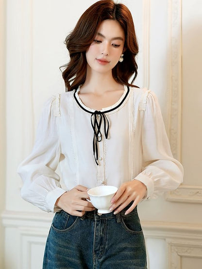 Button-Front Blouse with Contrast Trim and Round Neckline
