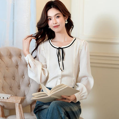 Button-Front Blouse with Contrast Trim and Round Neckline