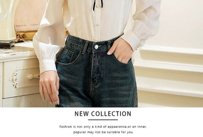 Button-Front Blouse with Contrast Trim and Round Neckline