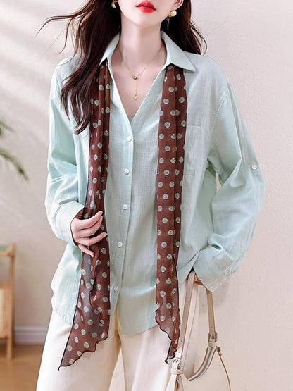 Collared V Neck Button Front Long Sleeve Solid Shirt