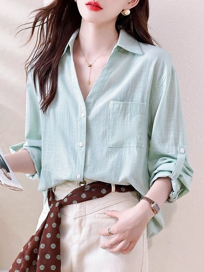 Collared V Neck Button Front Long Sleeve Solid Shirt