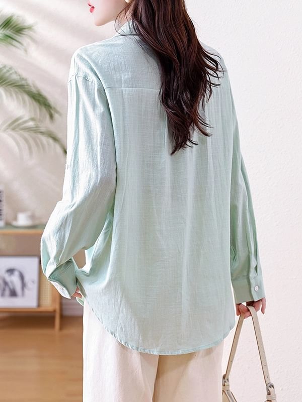 Collared V Neck Button Front Long Sleeve Solid Shirt