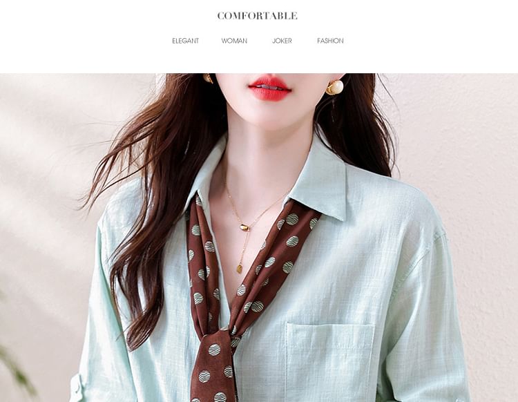 Collared V Neck Button Front Long Sleeve Solid Shirt